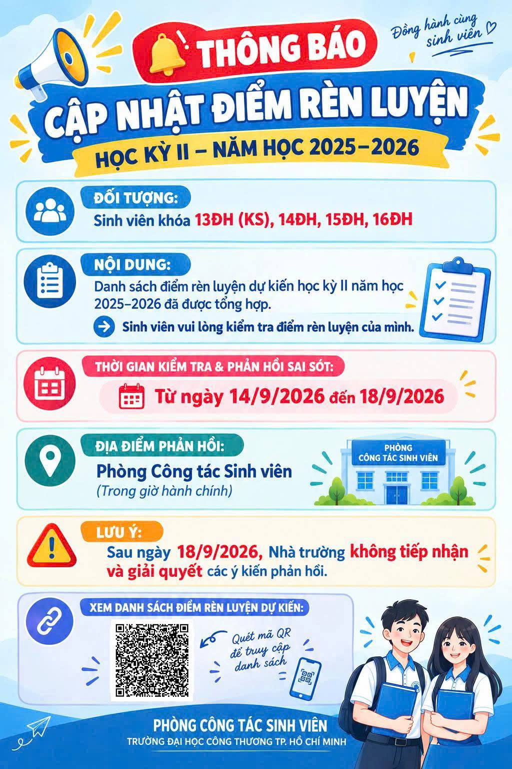 THÔNG BÁO CẬP NHẬT ĐIỂM RÈN LUYỆN HỌC KỲ 2 – NĂM HỌC 2025–2026
